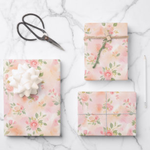 Abstrakte Aquarell Kleine Pfirsich Rosa Blumen Geschenkpapier Set