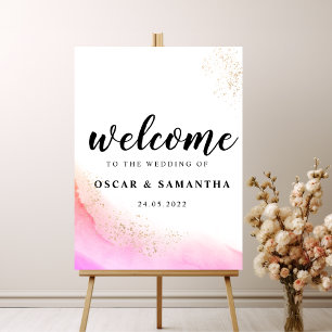 Abstrakte Aquarell-Rosa-Pinselstriche & Gold Poster
