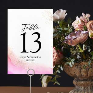 Abstrakte Aquarell-Rosa-Pinselstriche & Gold Tischnummer