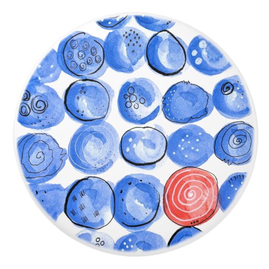 Abstrakte Aquarellblau-Punkte Keramikknauf (Vorderseite)