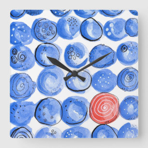 Abstrakte Aquarellblau-Punkte Quadratische Wanduhr