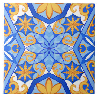 Abstrakte Aquarellblaue und goldene geometrische F Fliese