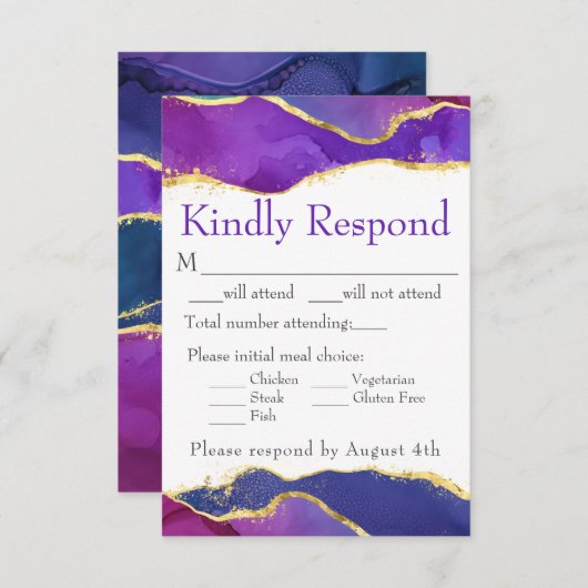 Abstrakte Aquarellfarbe Fuchsia Rosa Lila Gold RSVP Karte (Vorne/Hinten)