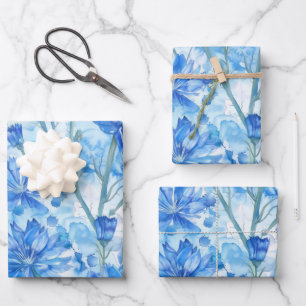 Abstrakte Aquarellfarben Blau und Weiß-Blume Geschenkpapier Set