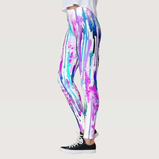 Abstrakte Aquarellfarben Tropfen Blau Türkis Rosa Leggings (Links)