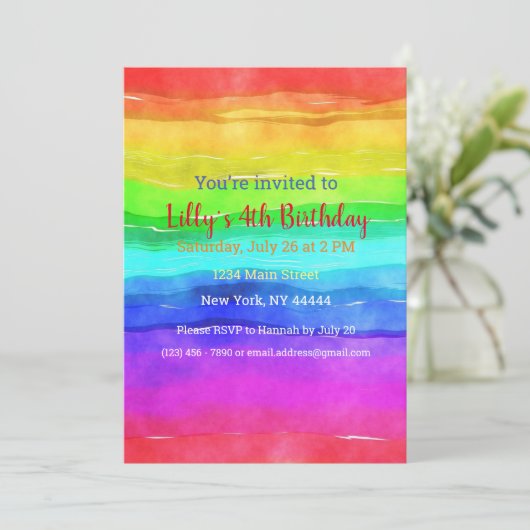 Abstrakte Aquarellfarbene Streifen Regenbogen. Einladung (Stehend Vorderseite)