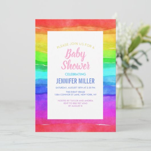 Abstrakte Aquarellfarbene Streifen Regenbogen. Einladung (Stehend Vorderseite)