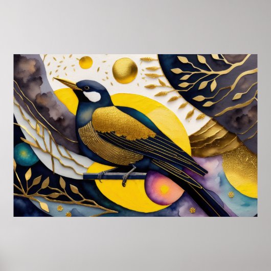 Abstrakte Aquarellmalerei auf Vögel 3:2 Poster (Vorne)