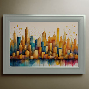 Abstrakte Aquarellmalerei Gold Citycape 3:2 Poster