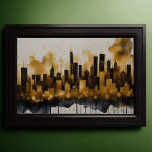 Abstrakte Aquarellmalerei Gold Citycape 3:2 Poster