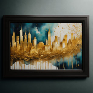 Abstrakte Aquarellmalerei Gold Citycape 3:2 Poster