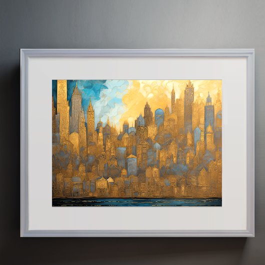 Abstrakte Aquarellmalerei Gold Citycape 4:3 Poster
