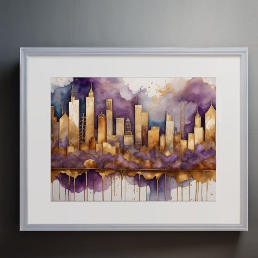 Abstrakte Aquarellmalerei Gold Citycape 4:3 Poster