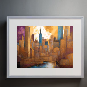 Abstrakte Aquarellmalerei Gold Citycape 4:3 Poster