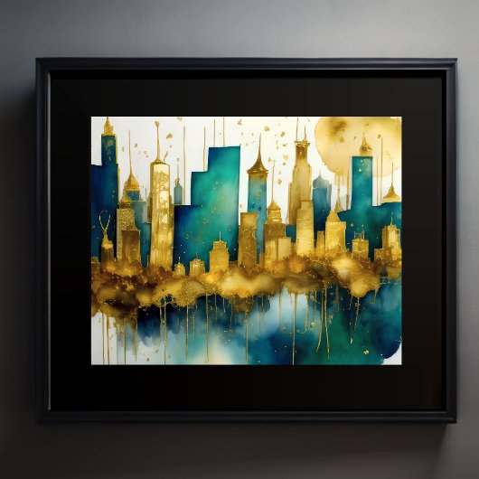 Abstrakte Aquarellmalerei Gold Citycape 5:4 Poster