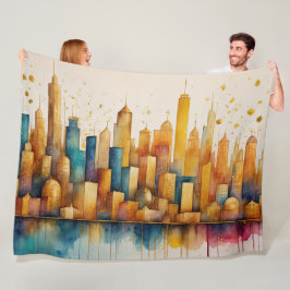 Abstrakte Aquarellmalerei Gold Citycape Fleecedecke