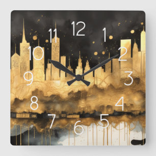 Abstrakte Aquarellmalerei Gold Citycape Quadratische Wanduhr