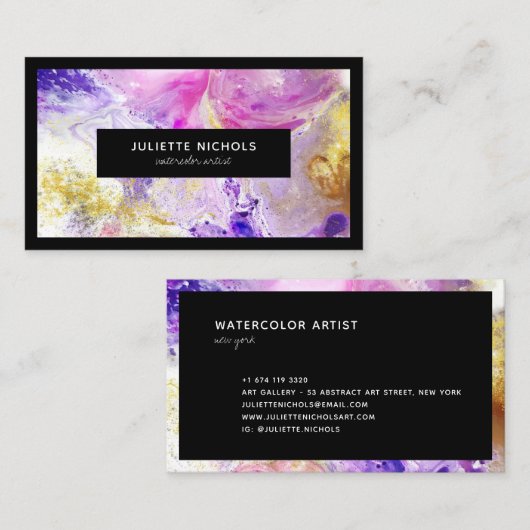 Abstrakte Aquarellmalerei, rosa, lila Goldkünstler Visitenkarte (Vorne/Hinten)