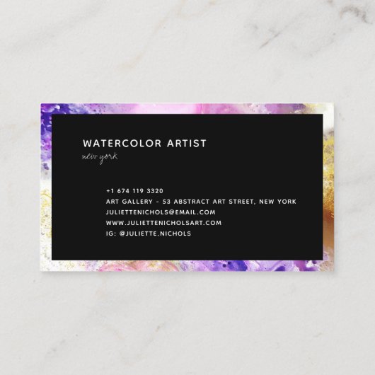 Abstrakte Aquarellmalerei, rosa, lila Goldkünstler Visitenkarte (Rückseite)