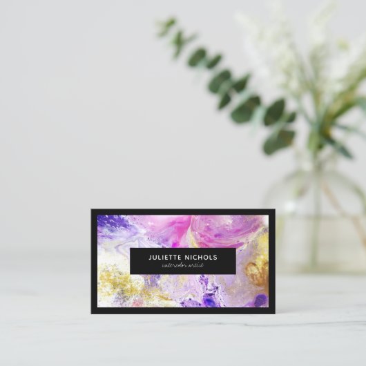 Abstrakte Aquarellmalerei, rosa, lila Goldkünstler Visitenkarte (Stehend Vorderseite)