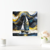 Abstrakte Aquarellmalerei Segelboot Nacht Quadratische Wanduhr (Zuhause)