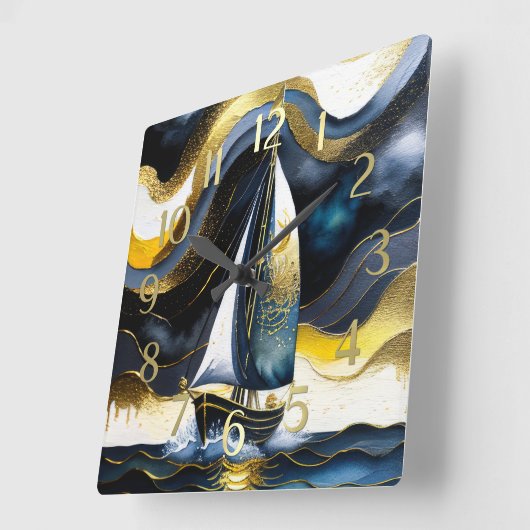 Abstrakte Aquarellmalerei Segelboot Nacht Quadratische Wanduhr (Winkel)