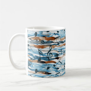 Abstrakte Aquarellmuster-Musiknoten. Kaffeetasse