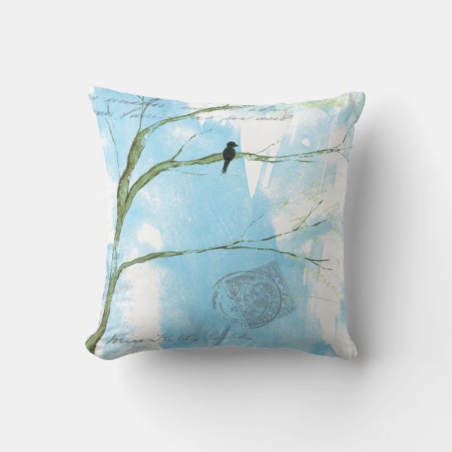 Abstrakte Art Black Bird Tree Postmarks Text Kissen (Vorderseite)