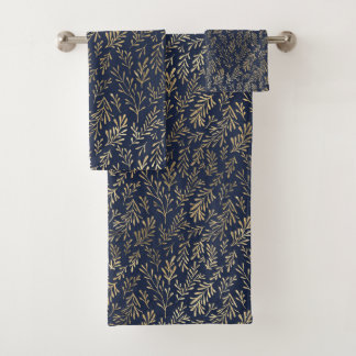 Abstrakte Art-Deco-Blätter in Blau und Gold  Badhandtuch Set