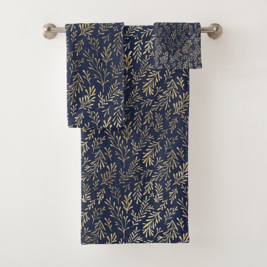 Abstrakte Art-Deco-Blätter in Blau und Gold Badhandtuch Set (Insitu)