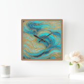 Abstrakte Art Paint Pour Aqua Blues Goldene Mauer Quadratische Wanduhr (Zuhause)