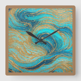 Abstrakte Art Paint Pour Aqua Blues Goldene Mauer Quadratische Wanduhr