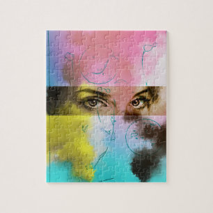 Abstrakte Augen Pop Art - Rosa, Gelb, Blau & Braun Puzzle