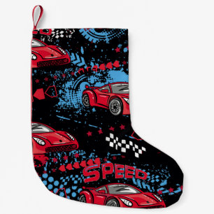 Abstrakte Autos, grunge-kindliches Muster. Kleiner Weihnachtsstrumpf