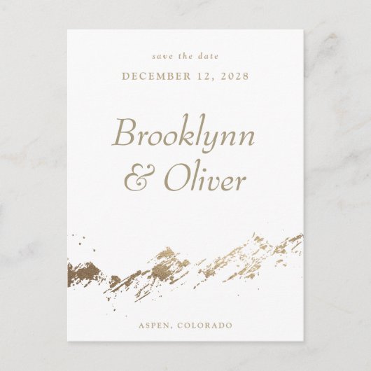 Abstrakte Berge Save the Date weiß und goldgelb Ankündigungspostkarte (Vorderseite)