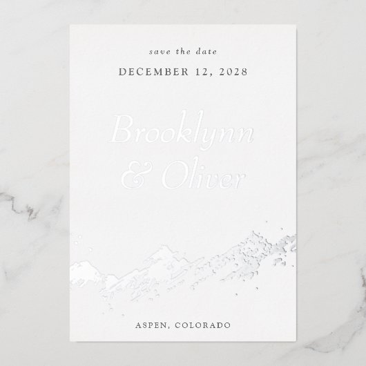 Abstrakte Berge Save the Date weiß und silber Folieneinladung (Vorderseite)
