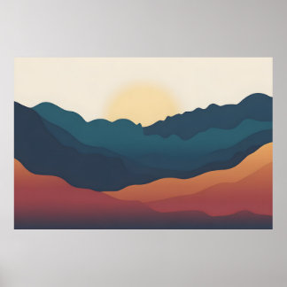 Abstrakte Bergschichten in tiefem Blau und Orange Poster