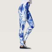Abstrakte Blätter in Blau und Weiß Leggings (Rechts)