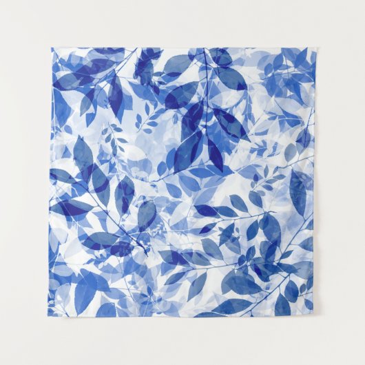 Abstrakte Blätter in Blau und Weiß Wandteppich (Vorderseite)