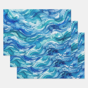 Abstrakte Blaue Aquarellwellen Geschenk Geschenkpapier Set