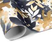 Abstrakte Blaue Blumen und Tan-Blätter Geschenkpapier (Rolleneckpunkt)