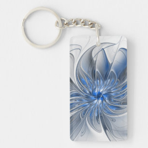 Abstrakte Blaue Graue Aquarell-Fraktal-Kunst-Blume Schlüsselanhänger