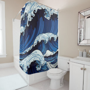 Abstrakte blaue Ozeanwellen japanische Kunst   Duschvorhang