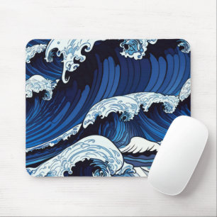 Abstrakte blaue Ozeanwellen japanische Kunst   Mousepad