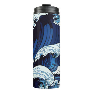 Abstrakte blaue Ozeanwellen japanische Kunst Thermosbecher