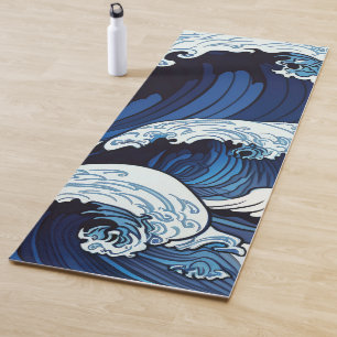 Abstrakte blaue Ozeanwellen japanische Kunst   Yogamatte
