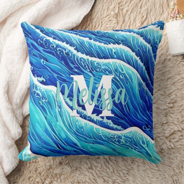 Abstrakte Blaue Ozeanwellen Mit Monogramm Kissen (Decke)