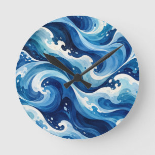 Abstrakte blaue Ozeanwellen Wasserfarbe Küsten-Wur Runde Wanduhr