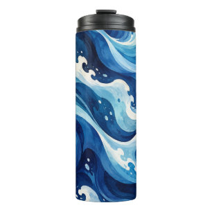 Abstrakte blaue Ozeanwellen Wasserfarbe Küsten-Wur Thermosbecher