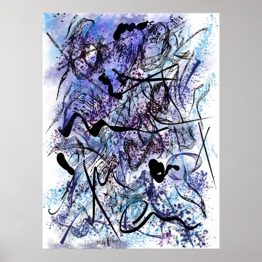 Abstrakte blaue schwarze Pinselstriche Spritzer Wa Poster (Vorne)